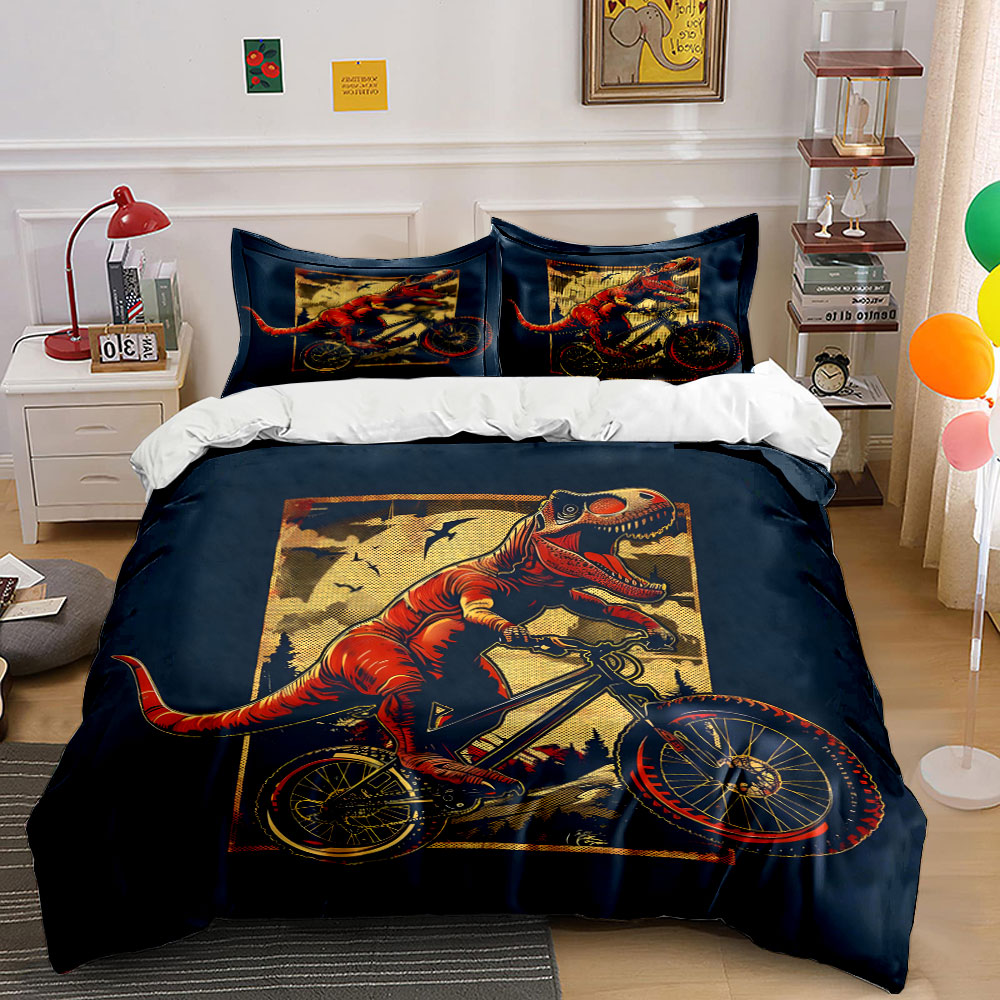 Mountain Biking Cartoon - 3pcs Set Sprei T-Rex Mengendarai Sepeda
